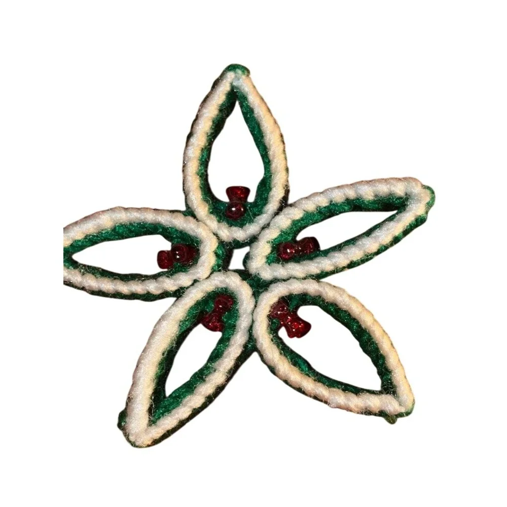 Handmade Beaded Poinsettia Brooch Green White Red Holiday Christmas Pin